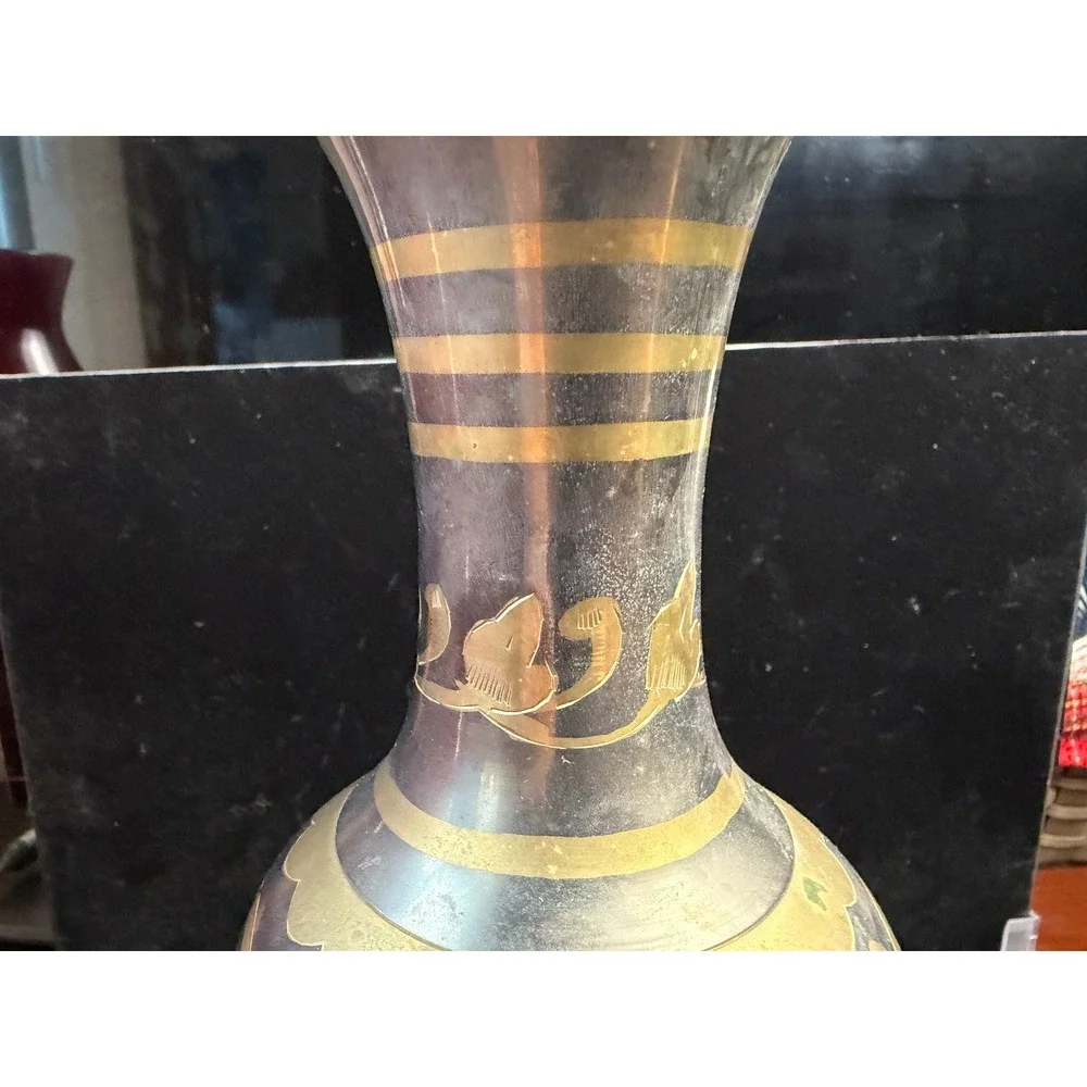Vintage Etched‎ Solid Brass Vase Made in India Ruffled Rim Floral Design 10 Inch